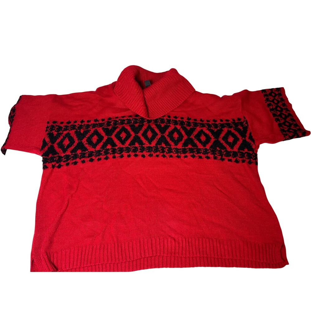 NEW Style & Co Sweater Women's XXL Red Southwestern Cowl Neck Short Sleeve Knit